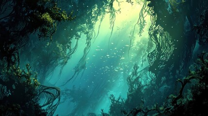 Fototapeta premium A serene underwater scene illuminated by light, showcasing aquatic plants and fish.