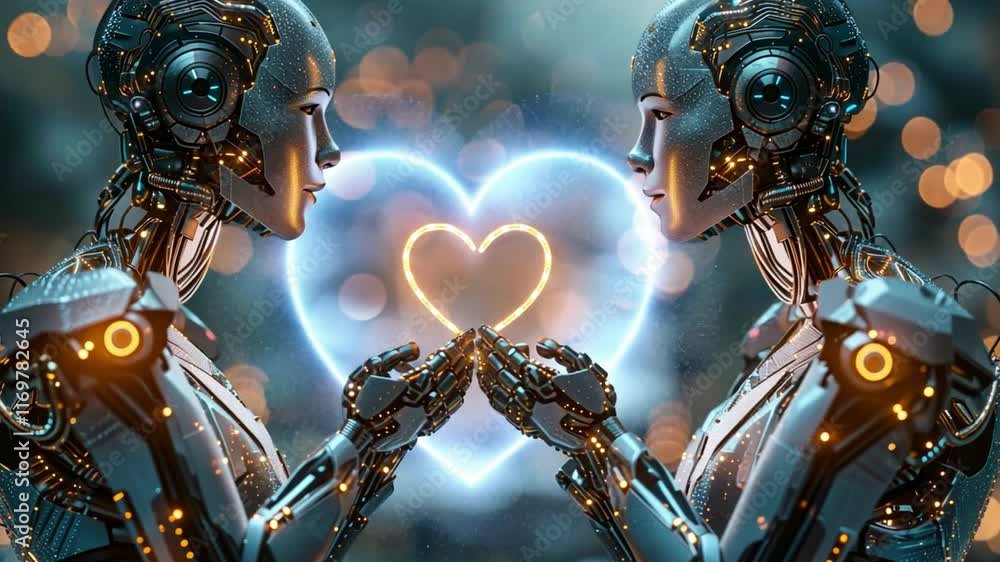 Leinwandbilder two advanced robotic figures create a heart shape with their hands, symbolizing love and connection.