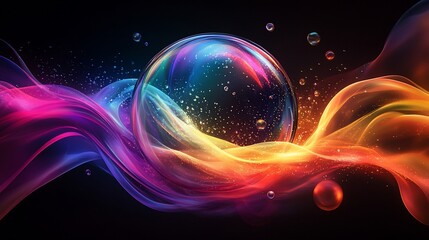 Vibrant abstract sphere nestled in colorful, swirling energy.