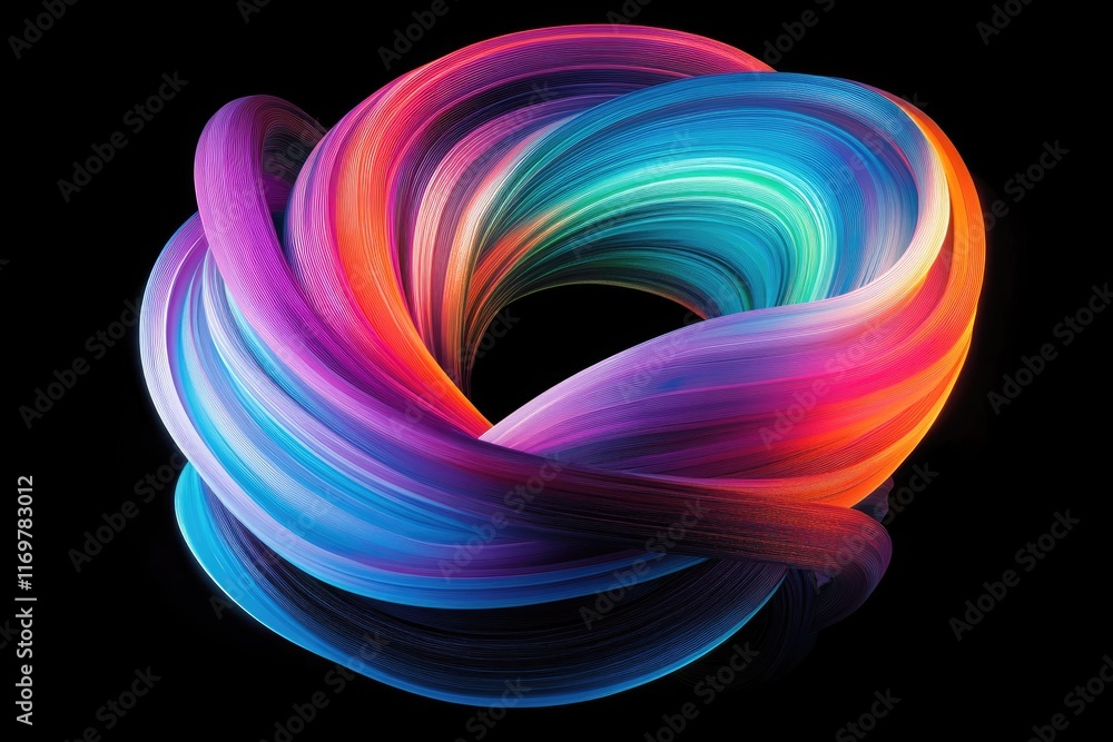 Poster abstract vibrant colorful swirling ribbons creating a mesmerizing knot-like structure on a transpare