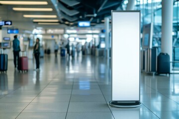  Modern trade show banner mockup in busy transportation terminal with blurred people and luggage background.