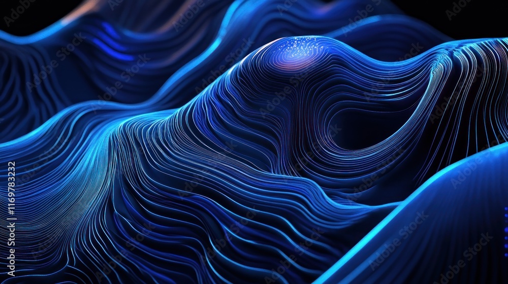 Wall mural abstract blue wave pattern, flowing lines, digital art, 3d rendering.