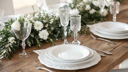 Fototapeta premium Charming rustic table setting featuring white plates, elegant glassware, and a delicate floral centerpiece, perfect for a wedding or special event.