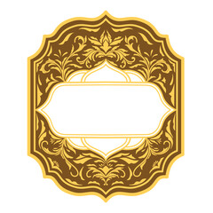 Luxury gold islamic border frame with header copy space. Label with Arabic window shape, floral pattern decoration with text box or blank space. Vector template