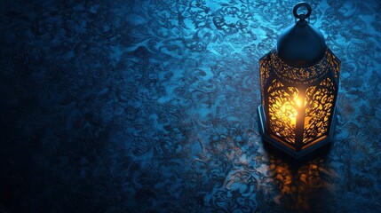 Fototapeta premium Eid Mubarak and Ramadan Kareem greetings with an Islamic lantern, mosque texture background, blue color theme, space for text on the right side, sharp focus, illustration, light rays, and a glow