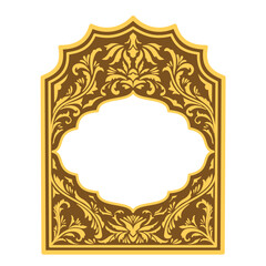 Vintage Luxury gold Arabic islamic border frame with header copy space. Label with middle east arch window shape, floral pattern decoration with text box or blank space. Vector template 