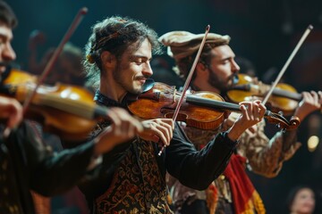 Traditional Roma musicians playing violins in vibrant cultural performance, celebrating gypsy heritage and music