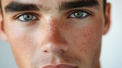 Fototapeta premium Close-up of a handsome young man's face, highlighting a smooth complexion and well-groomed features.
