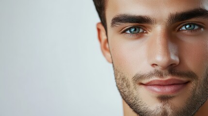 Fototapeta premium Close-up of a handsome young man's face, highlighting a smooth complexion and well-groomed features.