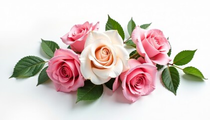 Fototapeta premium Elegant pink and white rose arrangement, pure white backdrop, delicate, valentines, pink roses