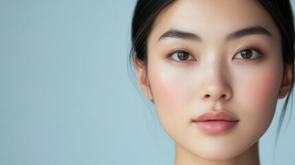 Close-up portrait of an Asian female model with flawless skin, showcasing a smooth and radiant complexion.