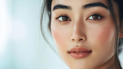 Naklejka premium Close-up portrait of an Asian female model with flawless skin, showcasing a smooth and radiant complexion.