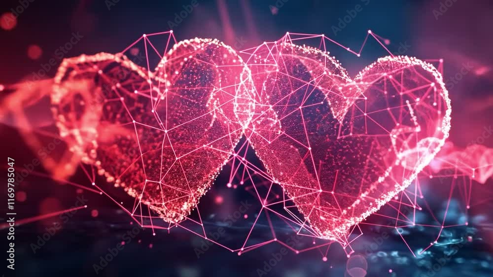 Poster intertwined hearts made of glowing particles reflect the essence of love and unity. the vibrant colo