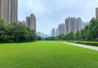 Obraz premium Green lawn in the city, with high-rise buildings behind it, white background, high-definition photography style, high resolution. The grass is lush and green, surrounded by trees that create an atmosp