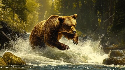 A bear fishing in a river, surrounded by lush forest scenery.