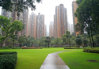 Green lawn in the city, with high-rise buildings behind it, white background, high-definition photography style, high resolution. The grass is lush and green, surrounded by trees that create an atmosp