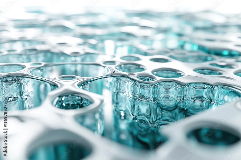 Poster abstract 3d rendering of a metallic surface with teal liquid filling interconnected cavities.