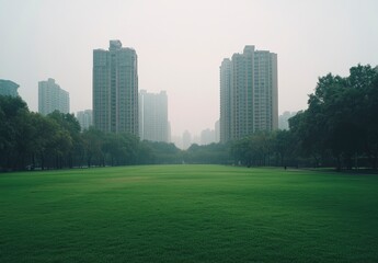 Fototapeta premium Green lawn in the city, with high-rise buildings behind it, white background, high-definition photography style, high resolution. The grass is lush and green, surrounded by trees that create an atmosp