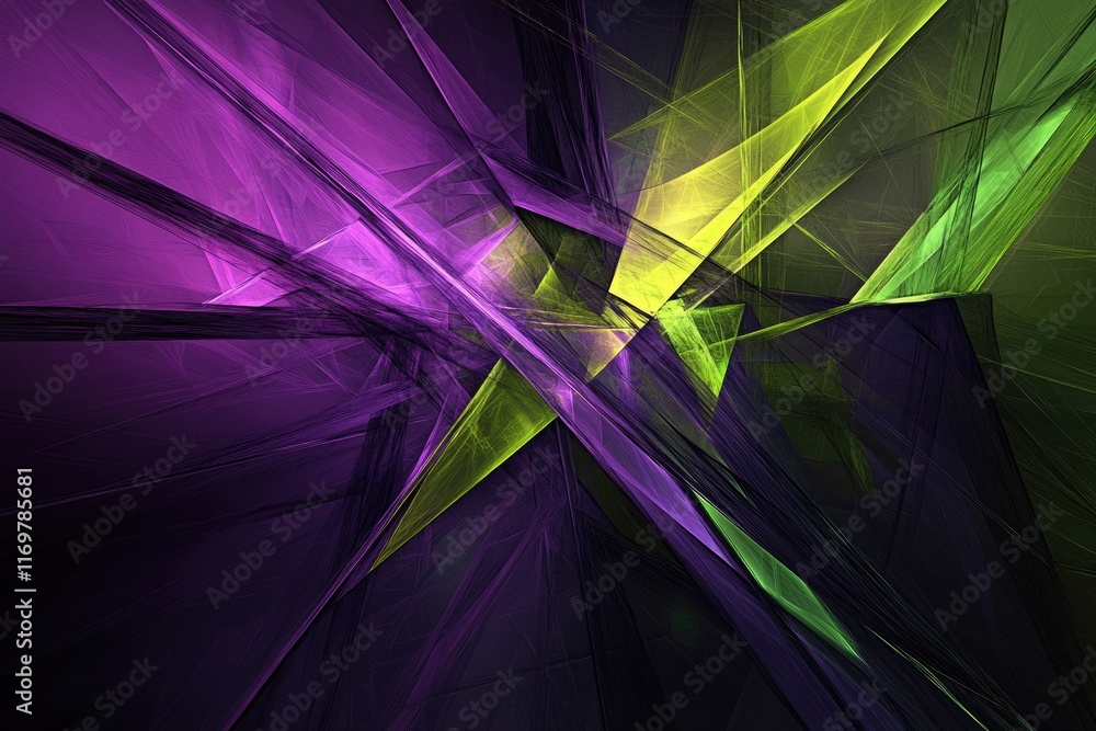 Poster abstract fractal art with sharp, vibrant purple and lime green lines intersecting in a chaotic yet b