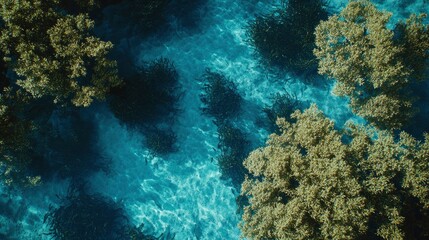 Naklejka premium High angle view of mangrove forest and river in R forcefully control the water flow from one body to another, using top-down drone photography style. The scene is captured with an aerial perspective