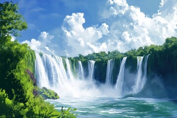 Fototapeta premium IguazÃº Falls in Argentina, view from the side with green vegetation and blue sky with clouds, waterfalls falling into the beautiful waters of the river. 