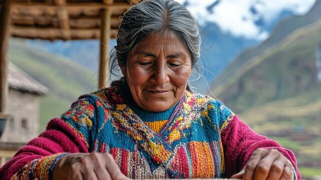 This artisan creates vibrant textiles amid stunning mountain scenery.