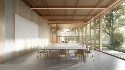 Modern wood conference room, sunny garden view, blank whiteboard, meeting space