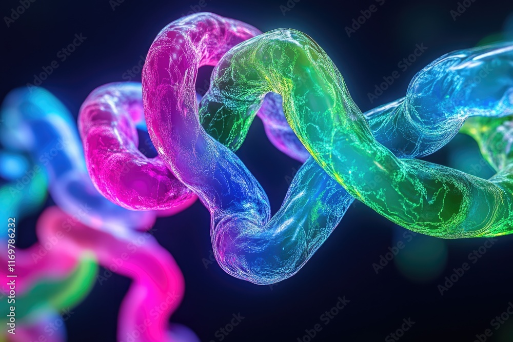 Poster abstract vibrant iridescent glowing chain links interweave, creating a mesmerizing, dynamic visual.