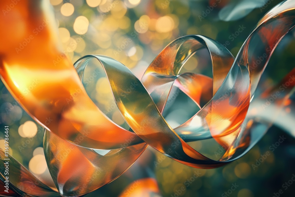 Poster abstract swirling ribbons of translucent orange and green, creating a dynamic and elegant visual.