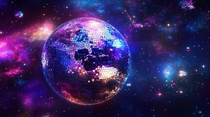 Fototapeta premium A vibrant disco ball floating in a cosmic space filled with colorful stars and galaxies.