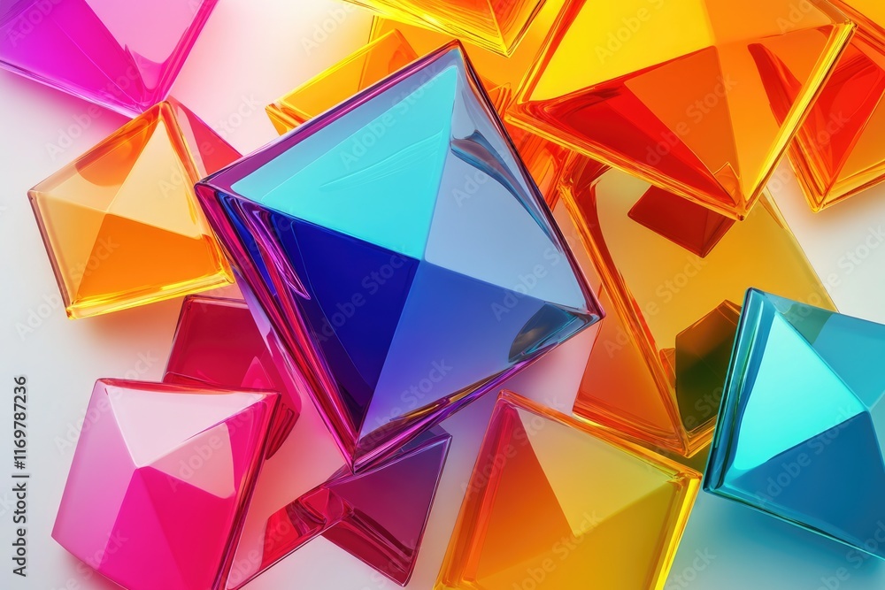 Poster abstract composition of vibrant, glossy pyramids and cubes in a spectrum of colors.