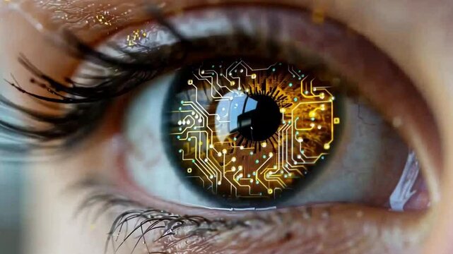A close-up of a human eye reveals an intricate pattern of circuitry within the iris, illustrating the blend of biological and artificial intelligence.