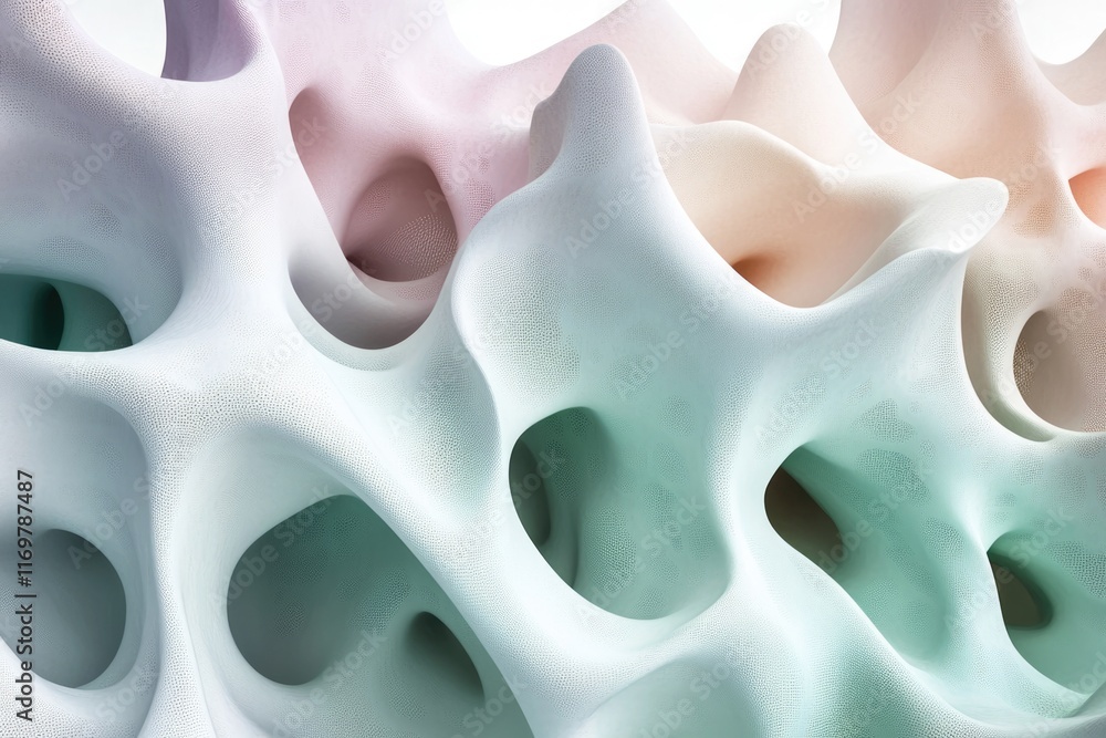 Poster abstract 3d render of pastel-colored, porous, undulating forms creating a mesmerizing texture.