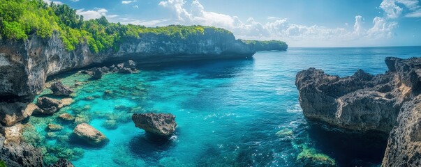 Obraz premium Panoramic view of a tropical island with blue water and rocks. , high-resolution photography, professional color grading, soft shadows, low contrast, clean sharp focus, digital backdrop.