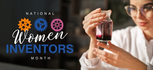 Banner for National Women Inventors Month with crazy female laboratory worker holding substance in flask