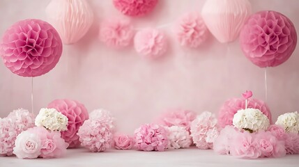 Pink Paper Flowers and Hydrangeas Festive Background