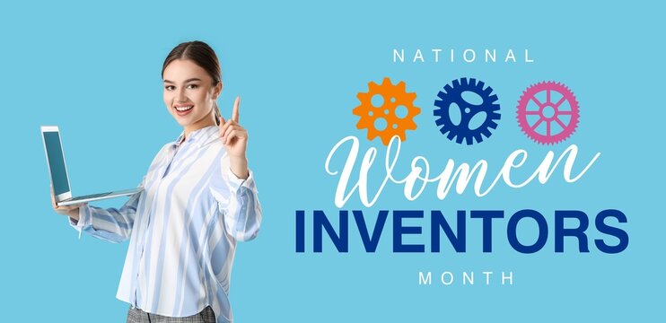 Banner for National Women Inventors Month with young woman holding laptop