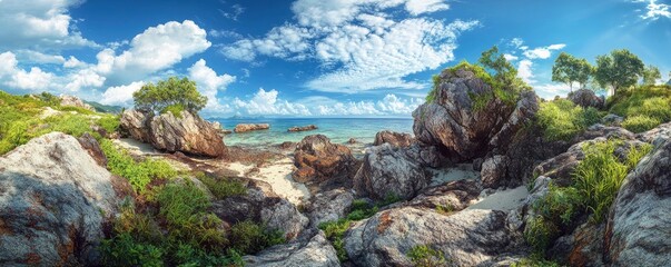Obraz premium Panoramic view of Phuket, Thailand, with rocks and tropical greenery, blue sky with white clouds, and turquoise water. a hyperrealistic photo. 