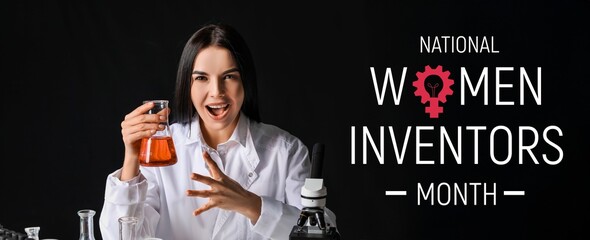 Banner for National Women Inventors Month with crazy female laboratory worker holding substance in...