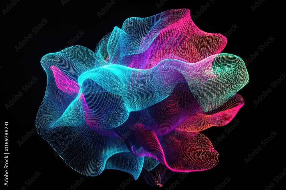 Poster abstract neon pink and teal waves flowing in a dark background, creating a mesmerizing visual.