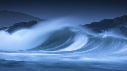 Naklejka premium Dramatic Waves with Vibrant Colors on Rocky Shore