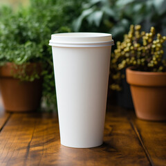 White paper coffee cup on wooden table with aesthetic blurred plant background