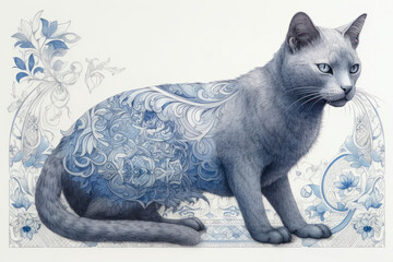 gray cat with expressive blue eyes. Its fur is decorated with complex patterns in blue and white colors, reminiscent of an exquisite ornament. 
