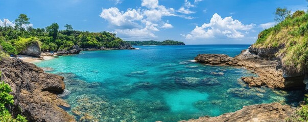 Fototapeta premium Panoramic view of the Blue Lagoon in Phuket, Thailand, with tropical greenery and rock formations in the background. High-resolution photography