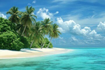 Obraz premium Photo of a Maldives tropical beach with palm trees and turquoise water, a summer vacation background. Aerial Coastal Landscape stock. high resolution, highly detailed, high definition, high quality.