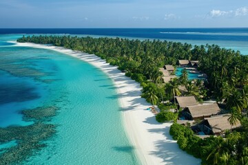 Photo of a Maldives tropical beach with palm trees and turquoise water, a summer vacation background. Aerial Coastal Landscape stock. high resolution, highly detailed, high definition, high quality.