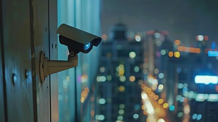Outdoor CCTV camera surveillance system A blurry night cityscape background Modern CCTV camera on a wall Equipment system service for safety, asset or life