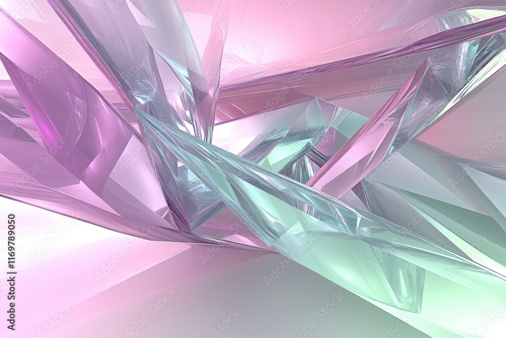 Poster abstract art depicting intersecting pastel-colored glass shards creating a dynamic, crystalline stru