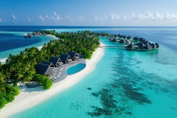 Obraz premium Photo of a Maldives tropical beach with palm trees and turquoise water, a summer vacation background. Aerial Coastal Landscape stock. high resolution, highly detailed, high definition, high quality.