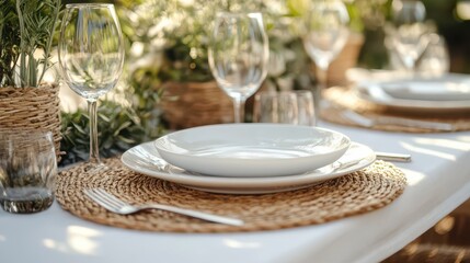 Fototapeta premium Elegant tableware is beautifully arranged on a white plate atop a rustic table, complemented by a woven placemat.